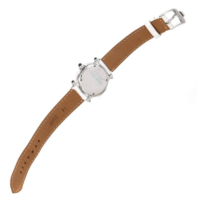 This image shows the back view of the Chopard 27/8250-23 Women's Stainless Steel Brown Dial 27/8250-23 Women's Stainless Steel Brown Dial Happy Sport Diamond Bronze Dial Ladies Watch 27/8250-23, highlighting the caseback and strap.