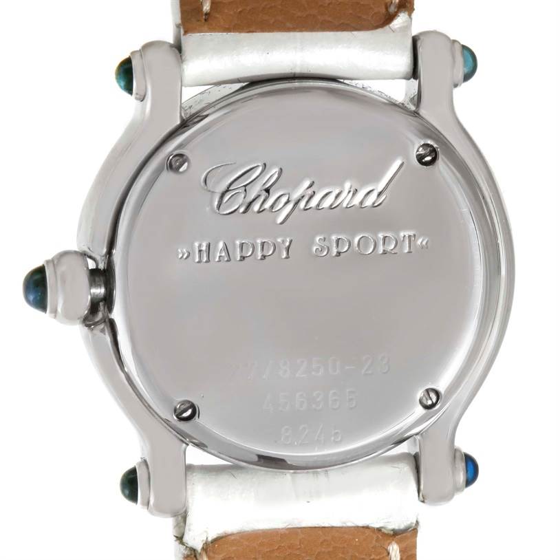 The image shows the back case of the Chopard 27/8250-23 Women's Stainless Steel Brown Dial 27/8250-23 Women's Stainless Steel Brown Dial Happy Sport Diamond Bronze Dial Ladies Watch, model 27/8250-23.