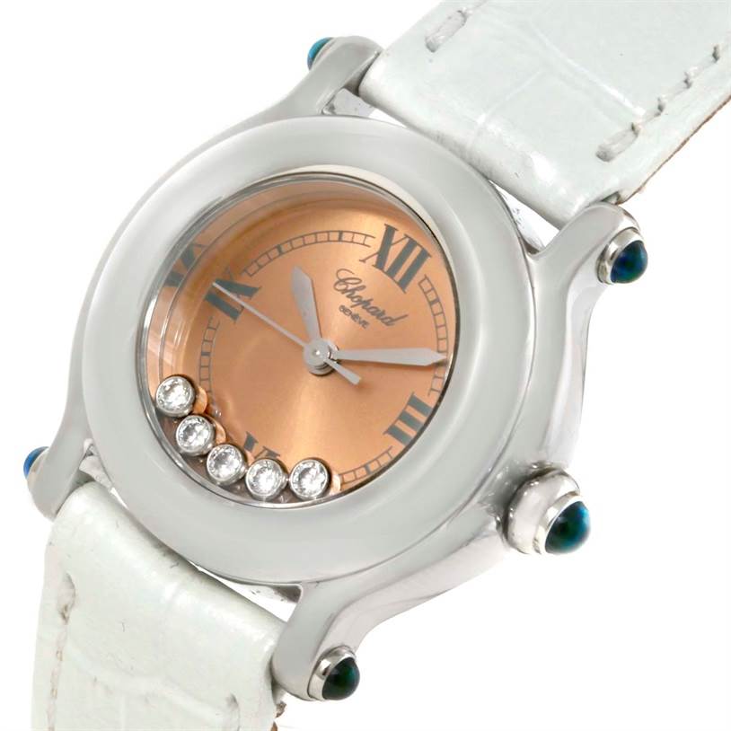 The Chopard 27/8250-23 Women's Stainless Steel Brown Dial 27/8250-23 Women's Stainless Steel Brown Dial Happy Sport Diamond Bronze Dial Ladies Watch 27/8250-23 is shown from an angled close-up, highlighting the dial, bezel, and strap.