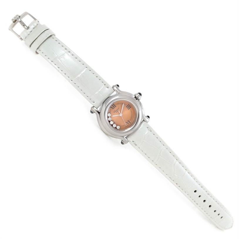 The Chopard 27/8250-23 Women's Stainless Steel Brown Dial 27/8250-23 Women's Stainless Steel Brown Dial Happy Sport Diamond Bronze Dial Ladies Watch 27/8250-23 is shown from a top-down angle, displaying the entire watch and strap.