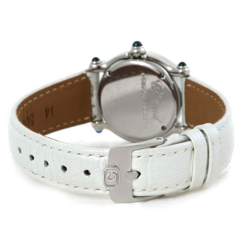 The image shows the back and strap of the Chopard 27/8250-23 Women's Stainless Steel Brown Dial 27/8250-23 Women's Stainless Steel Brown Dial Happy Sport Diamond Bronze Dial Ladies Watch model 27/8250-23.