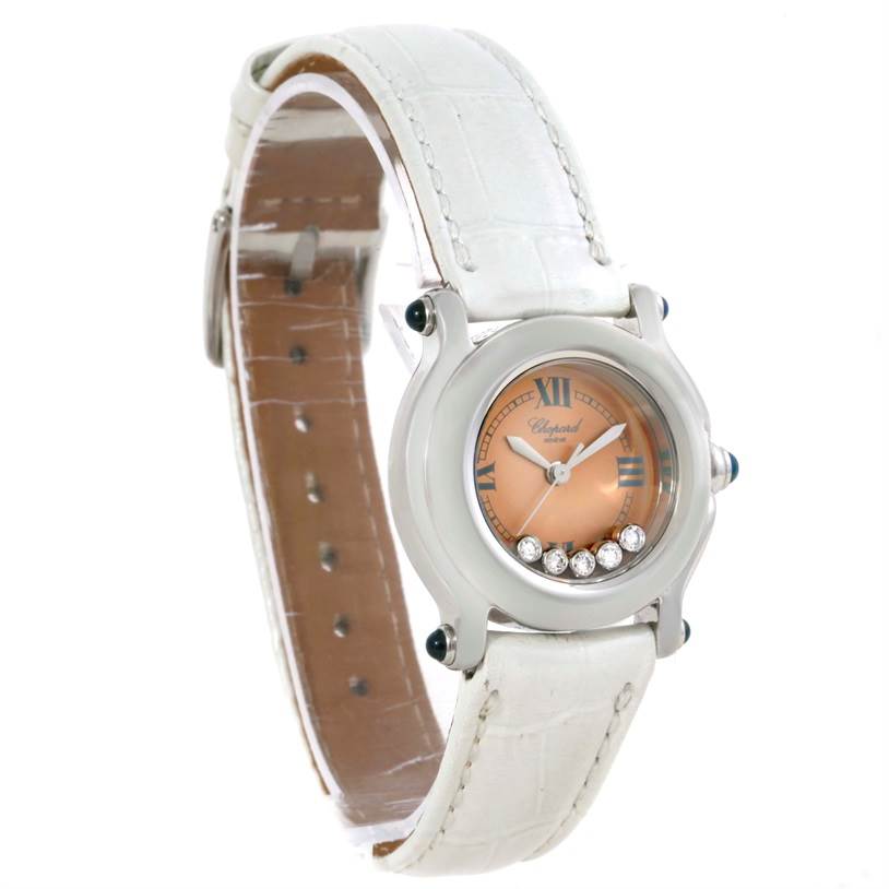 The image shows a front angle of the Chopard 27/8250-23 Women's Stainless Steel Brown Dial 27/8250-23 Women's Stainless Steel Brown Dial Happy Sport Diamond Bronze Dial Ladies Watch model 27/8250-23 with a white leather strap.
