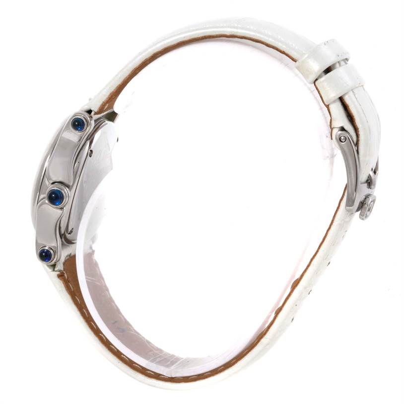 This side view of the Chopard 27/8250-23 Women's Stainless Steel Brown Dial 27/8250-23 Women's Stainless Steel Brown Dial Happy Sport Diamond Bronze Dial Ladies Watch 27/8250-23 model shows its white strap and crown.