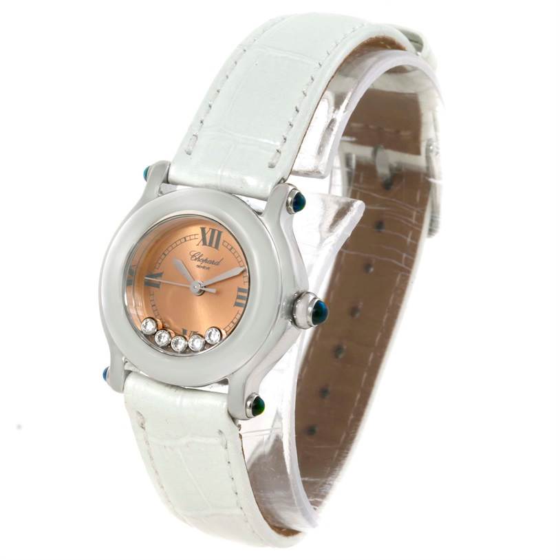 The image shows a front side angle of the Chopard 27/8250-23 Women's Stainless Steel Brown Dial 27/8250-23 Women's Stainless Steel Brown Dial Happy Sport Diamond Bronze Dial Ladies Watch 27/8250-23, displaying the dial and strap.