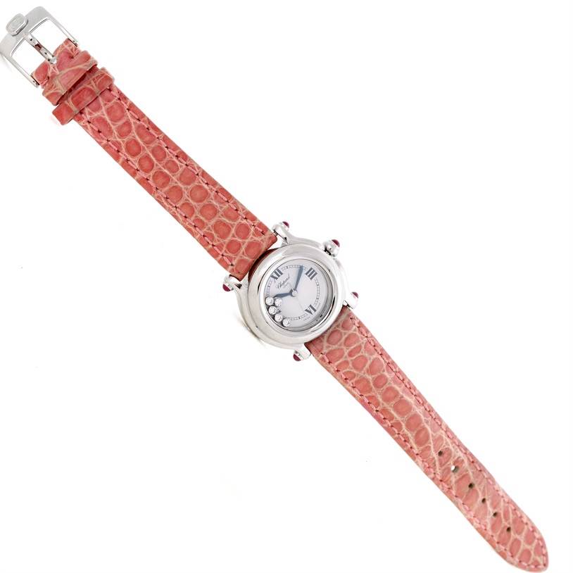 The image shows a top view of the Chopard 27/8245-21 Women's Stainless Steel White Dial 27/8245-21 Women's Stainless Steel White Dial Happy Sport Diamond White Dial Ladies Watch model 27/8245-21, displaying the dial and pink strap.