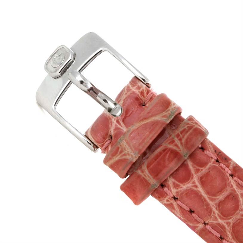 The image shows the buckle and part of the pink leather strap for the Chopard 27/8245-21 Women's Stainless Steel White Dial 27/8245-21 Women's Stainless Steel White Dial Happy Sport Diamond White Dial Ladies Watch 27/8245-21.