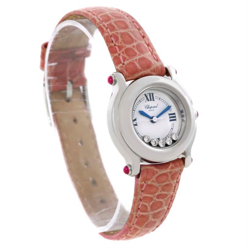 The Chopard 27/8245-21 Women's Stainless Steel White Dial 27/8245-21 Women's Stainless Steel White Dial Happy Sport Diamond White Dial Ladies Watch 27/8245-21 is shown at a front angle highlighting the dial and coral strap.