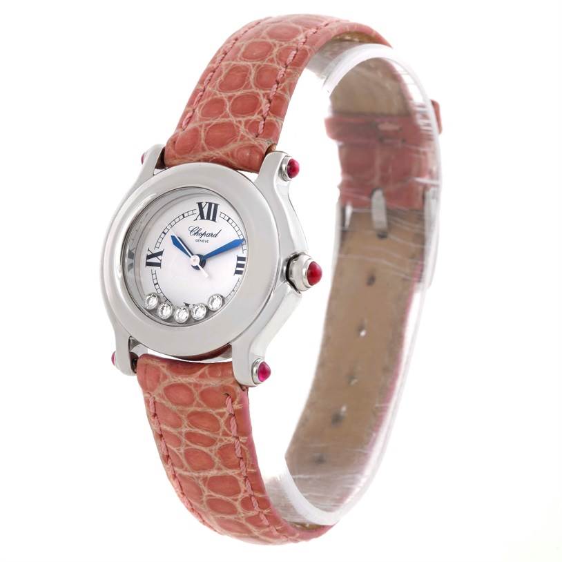The Chopard 27/8245-21 Women's Stainless Steel White Dial 27/8245-21 Women's Stainless Steel White Dial Happy Sport Diamond White Dial Ladies Watch model 27/8245-21 is shown at a slightly angled side view highlighting the dial and leather strap.