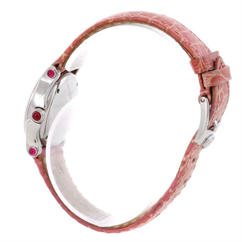 The image shows a side view of the Chopard 27/8245-21 Women's Stainless Steel White Dial 27/8245-21 Women's Stainless Steel White Dial Happy Sport Diamond White Dial Ladies Watch Model 27/8245-21, highlighting the pink strap and crown side.