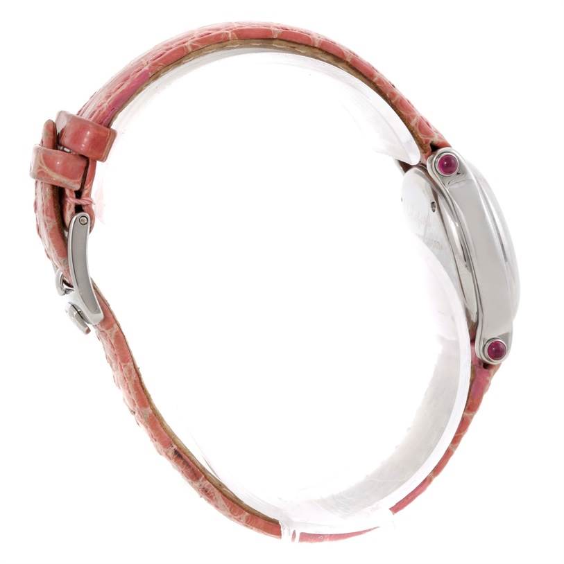 The Chopard 27/8245-21 Women's Stainless Steel White Dial 27/8245-21 Women's Stainless Steel White Dial Happy Sport Diamond White Dial Ladies Watch 27/8245-21 is shown from the side, highlighting the pink strap and case profile.