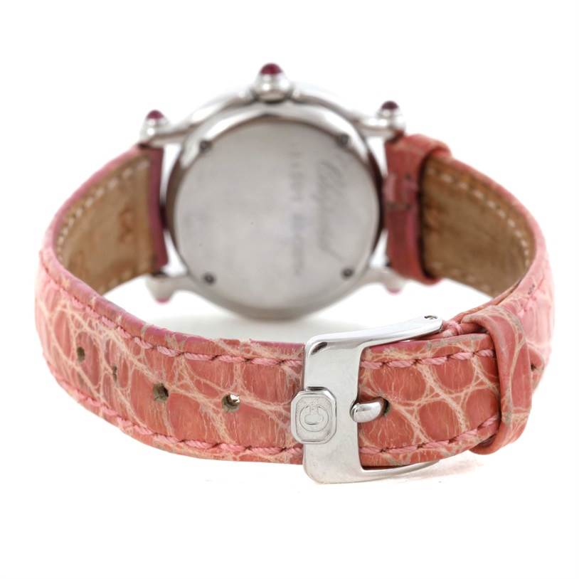 This image shows the back and strap buckle of the Chopard 27/8245-21 Women's Stainless Steel White Dial 27/8245-21 Women's Stainless Steel White Dial Happy Sport Diamond White Dial Ladies Watch 27/8245-21.