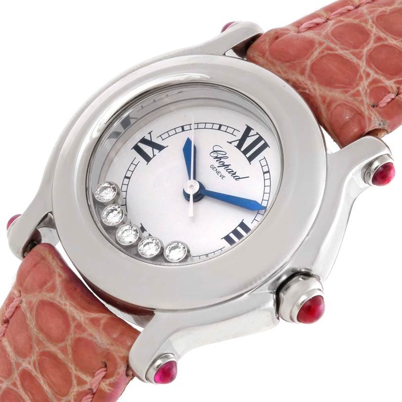 This image shows the Chopard 27/8245-21 Women's Stainless Steel White Dial 27/8245-21 Women's Stainless Steel White Dial Happy Sport Diamond White Dial Ladies Watch 27/8245-21 from a front angle with a focus on the dial and leather strap.