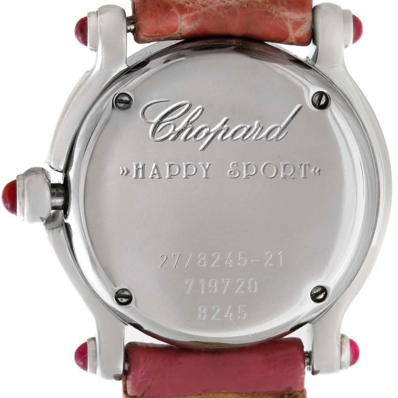 The image shows the back casing of the Chopard 27/8245-21 Women's Stainless Steel White Dial 27/8245-21 Women's Stainless Steel White Dial Happy Sport Diamond White Dial Ladies Watch model 27/8245-21 with pink straps.
