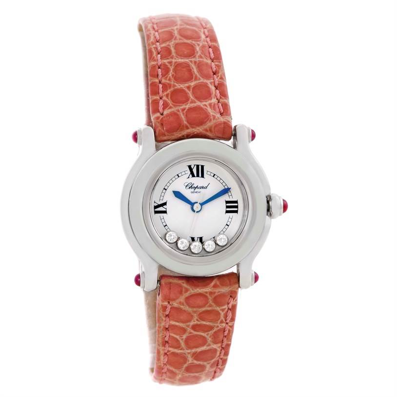 The Chopard 27/8245-21 Women's Stainless Steel White Dial 27/8245-21 Women's Stainless Steel White Dial Happy Sport Diamond White Dial Ladies Watch 27/8245-21 is shown from a front angle, highlighting the dial and strap.