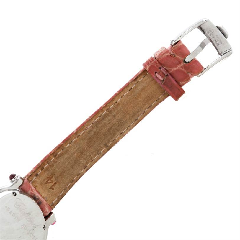 This image shows the backside and buckle of the Chopard 27/8245-21 Women's Stainless Steel White Dial 27/8245-21 Women's Stainless Steel White Dial Happy Sport Diamond White Dial Ladies Watch 27/8245-21 model.