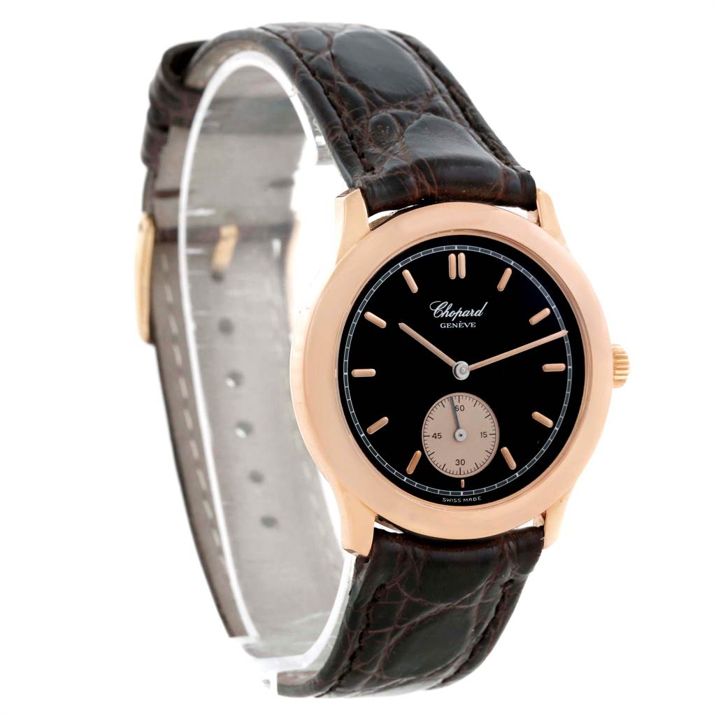 The image shows a side-angle view of the dial, case, and strap of the Chopard Classique 16/1168 Men's Rose Gold Black Dial 16/1168 Men's Rose Gold Black Dial watch.