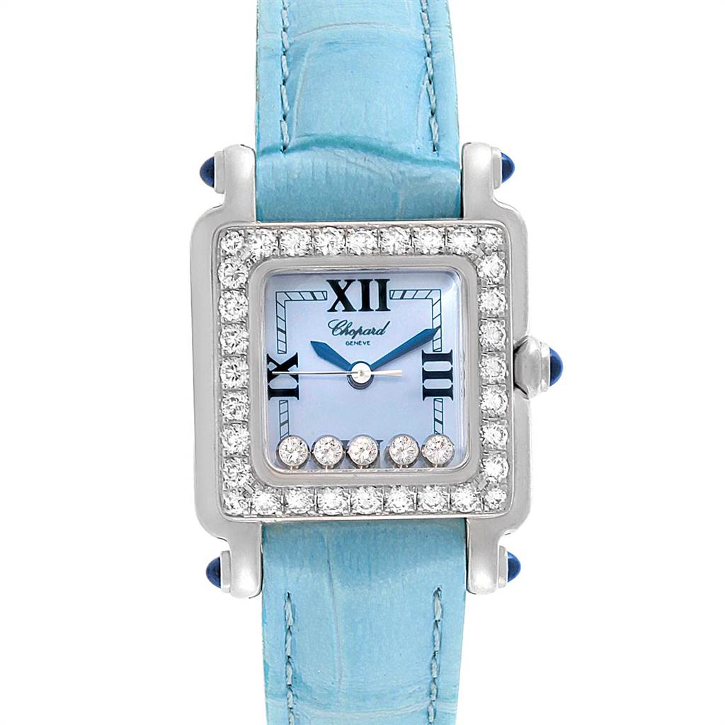 The image shows a front view of the Chopard 27/8894-23/11 Women's Stainless Steel Mother of Pearl Dial 27/8894-23/11 Women's Stainless Steel Mother of Pearl Dial Happy Sport Blue Mother Of Pearl Diamond Ladies Watch 27/8894-23/11 model, displaying its face and strap.