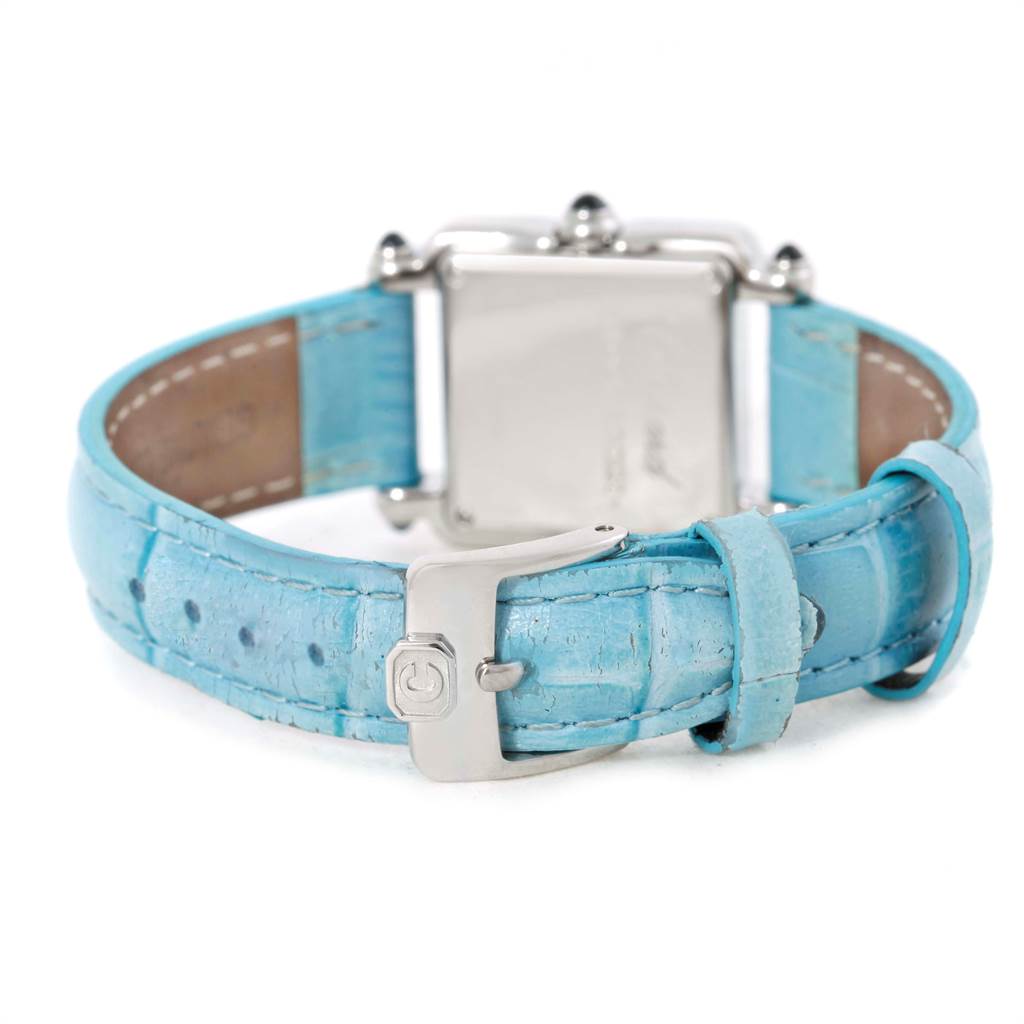 This image shows the back of the Chopard 27/8894-23/11 Women's Stainless Steel Mother of Pearl Dial 27/8894-23/11 Women's Stainless Steel Mother of Pearl Dial Happy Sport Blue Mother Of Pearl Diamond Ladies Watch 27/8894-23/11, focusing on the clasp and strap.