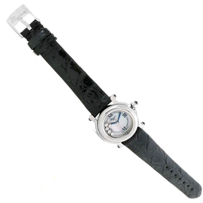 The image shows a Chopard 27/8245-23 Women's Stainless Steel Mother of Pearl Dial 27/8245-23 Women's Stainless Steel Mother of Pearl Dial Happy Sport Mother of Pearl Dial Diamond Watch 27/8245-23 model from a top-down angle, displaying the entire watch.