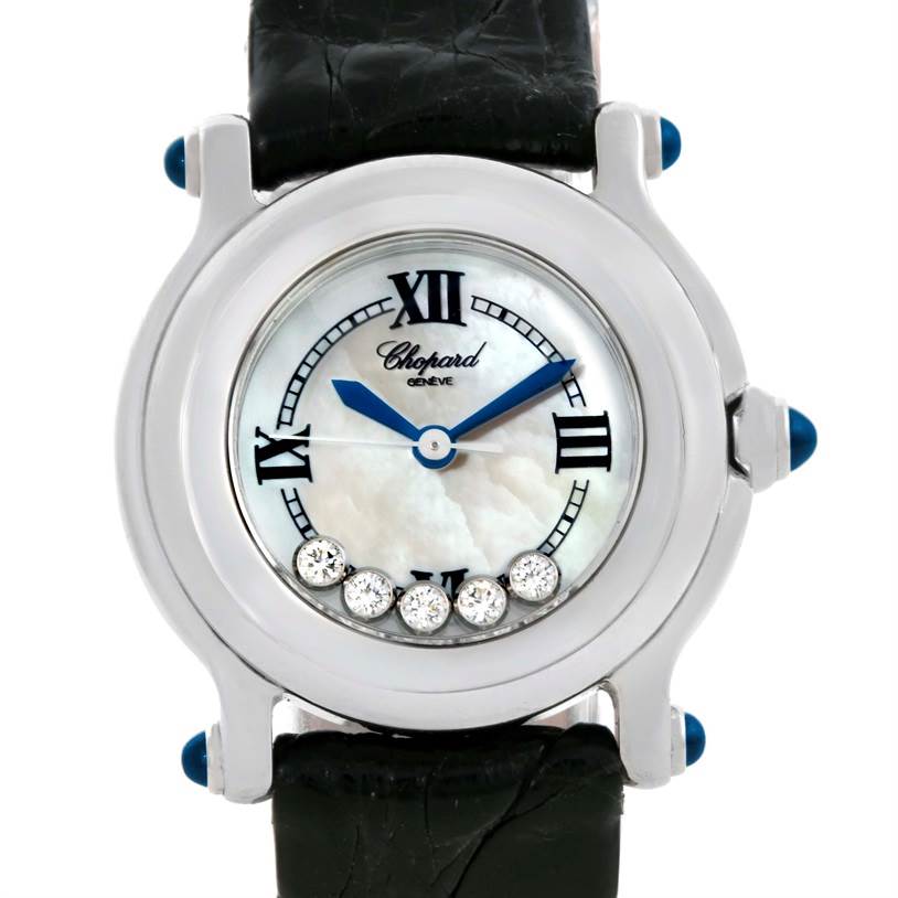 The image shows a front angle of the Chopard 27/8245-23 Women's Stainless Steel Mother of Pearl Dial 27/8245-23 Women's Stainless Steel Mother of Pearl Dial Happy Sport Mother of Pearl Dial Diamond Watch 27/8245-23, featuring its bezel, dial, and strap.