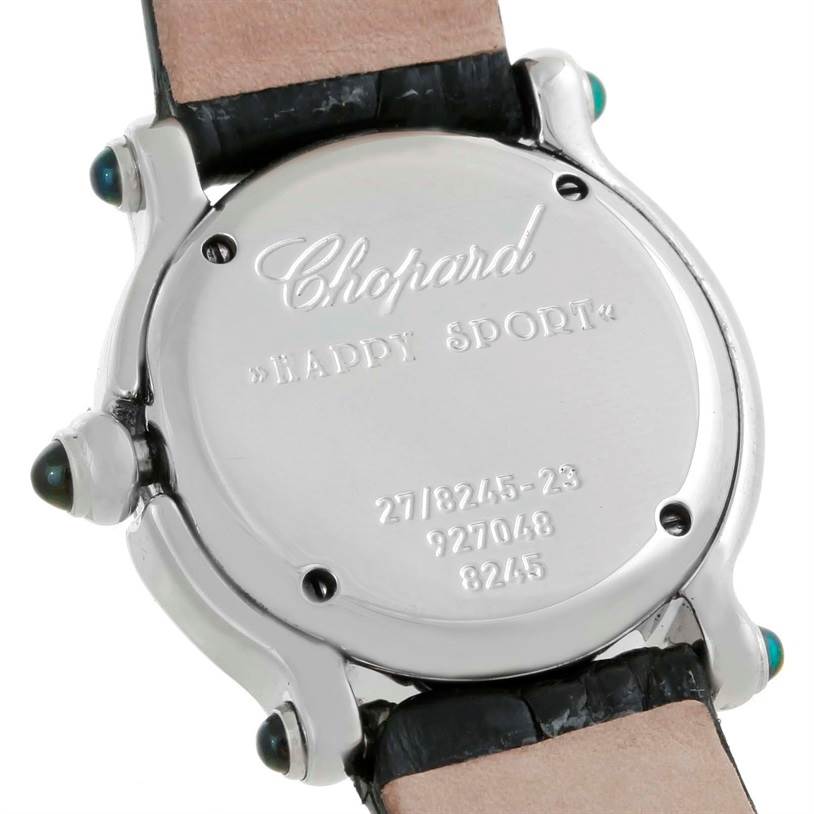 The image shows the back case of the Chopard 27/8245-23 Women's Stainless Steel Mother of Pearl Dial 27/8245-23 Women's Stainless Steel Mother of Pearl Dial Happy Sport Mother of Pearl Dial Diamond Watch 27/8245-23 model.
