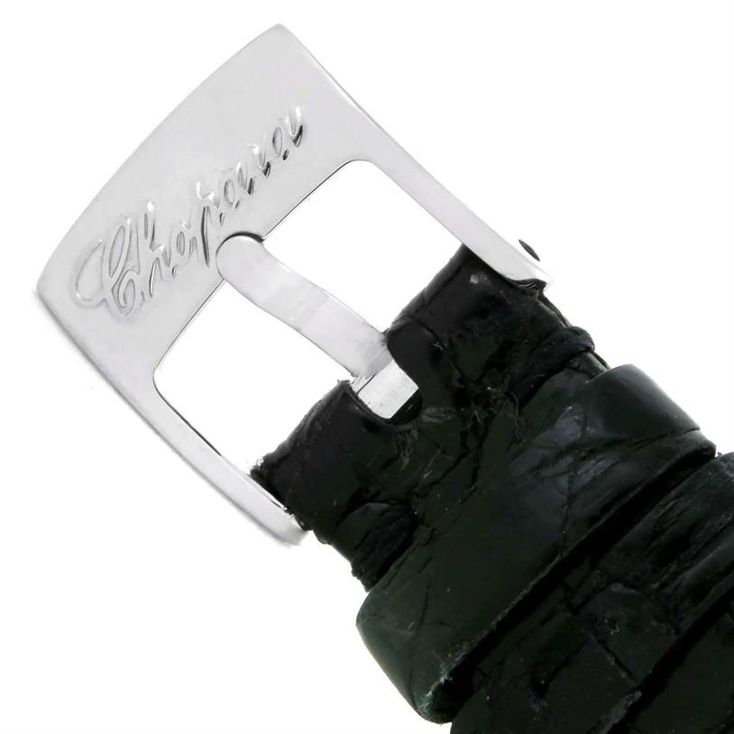 This image shows the clasp and part of the strap of a Chopard 27/8245-23 Women's Stainless Steel Mother of Pearl Dial 27/8245-23 Women's Stainless Steel Mother of Pearl Dial Happy Sport Mother of Pearl Dial Diamond Watch 27/8245-23 model.