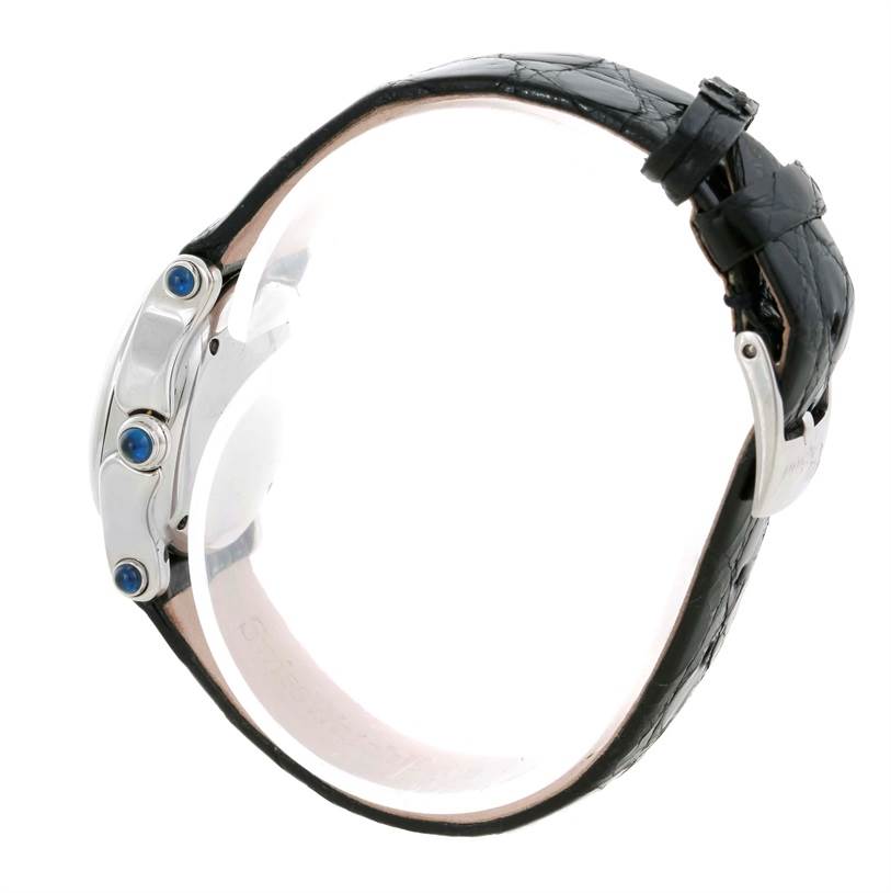 This side-angle view of the Chopard 27/8245-23 Women's Stainless Steel Mother of Pearl Dial 27/8245-23 Women's Stainless Steel Mother of Pearl Dial Happy Sport Mother of Pearl Dial Diamond Watch model 27/8245-23 shows the watch's case, crown, and leather strap.