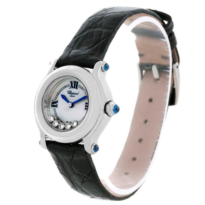 The image shows a 3/4 angled view of the Chopard 27/8245-23 Women's Stainless Steel Mother of Pearl Dial 27/8245-23 Women's Stainless Steel Mother of Pearl Dial Happy Sport Mother of Pearl Dial Diamond Watch 27/8245-23, highlighting the dial, strap, and casing.