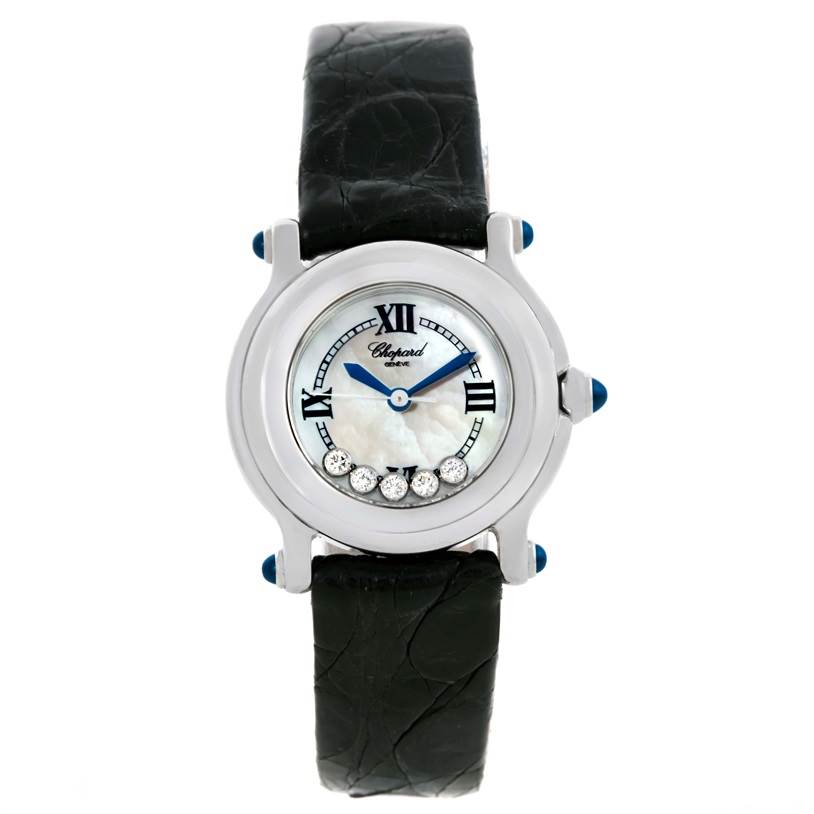 The image shows a front view of the Chopard 27/8245-23 Women's Stainless Steel Mother of Pearl Dial 27/8245-23 Women's Stainless Steel Mother of Pearl Dial Happy Sport Mother of Pearl Dial Diamond Watch 27/8245-23.