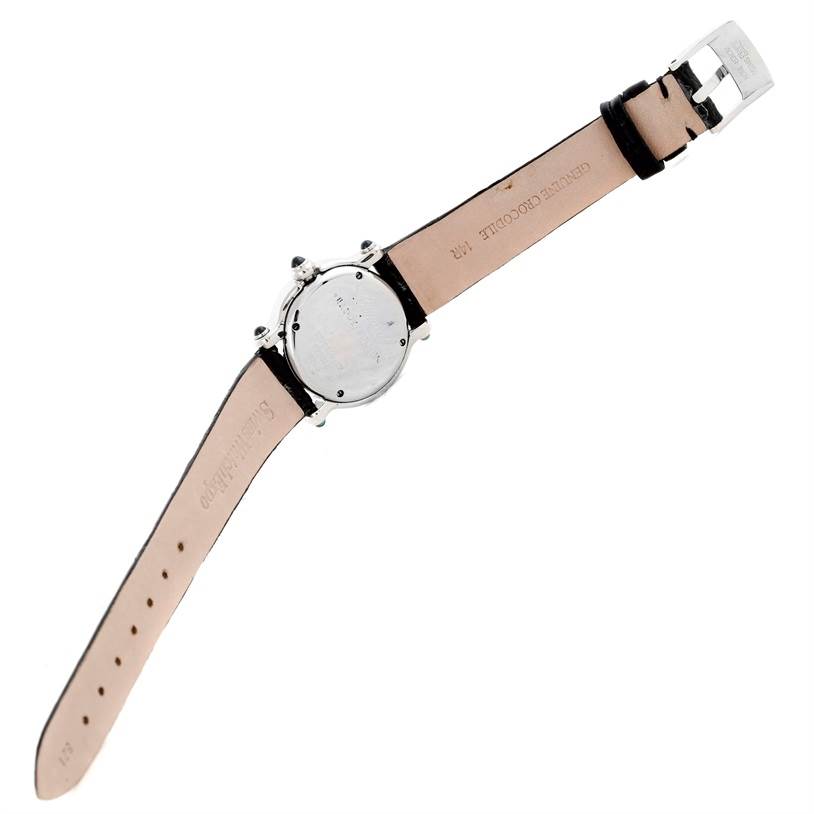 This image shows the back view of the Chopard 27/8245-23 Women's Stainless Steel Mother of Pearl Dial 27/8245-23 Women's Stainless Steel Mother of Pearl Dial Happy Sport Mother of Pearl Dial Diamond Watch 27/8245-23, including the straps and buckle.