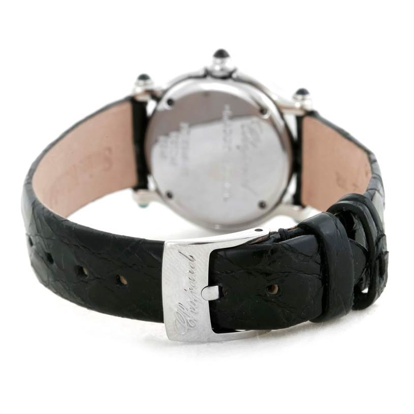 The image shows the back view of the Chopard 27/8245-23 Women's Stainless Steel Mother of Pearl Dial 27/8245-23 Women's Stainless Steel Mother of Pearl Dial Happy Sport Mother of Pearl Dial Diamond Watch 27/8245-23, focusing on the clasp and strap.