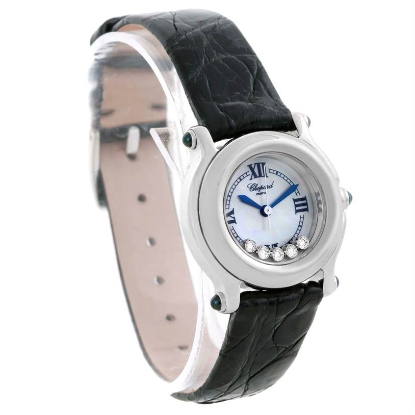 This image shows a side angle of the Chopard 27/8245-23 Women's Stainless Steel Mother of Pearl Dial 27/8245-23 Women's Stainless Steel Mother of Pearl Dial Happy Sport Mother of Pearl Dial Diamond Watch 27/8245-23, displaying the face and strap.
