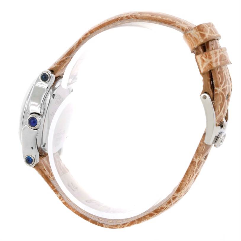 The image shows a side view of the Chopard 27/8245-23 Women's Stainless Steel Mother of Pearl Dial 27/8245-23 Women's Stainless Steel Mother of Pearl Dial Happy Sport Green Mother Pearl Dial Diamond Watch 27/8245-23, highlighting the case and strap.