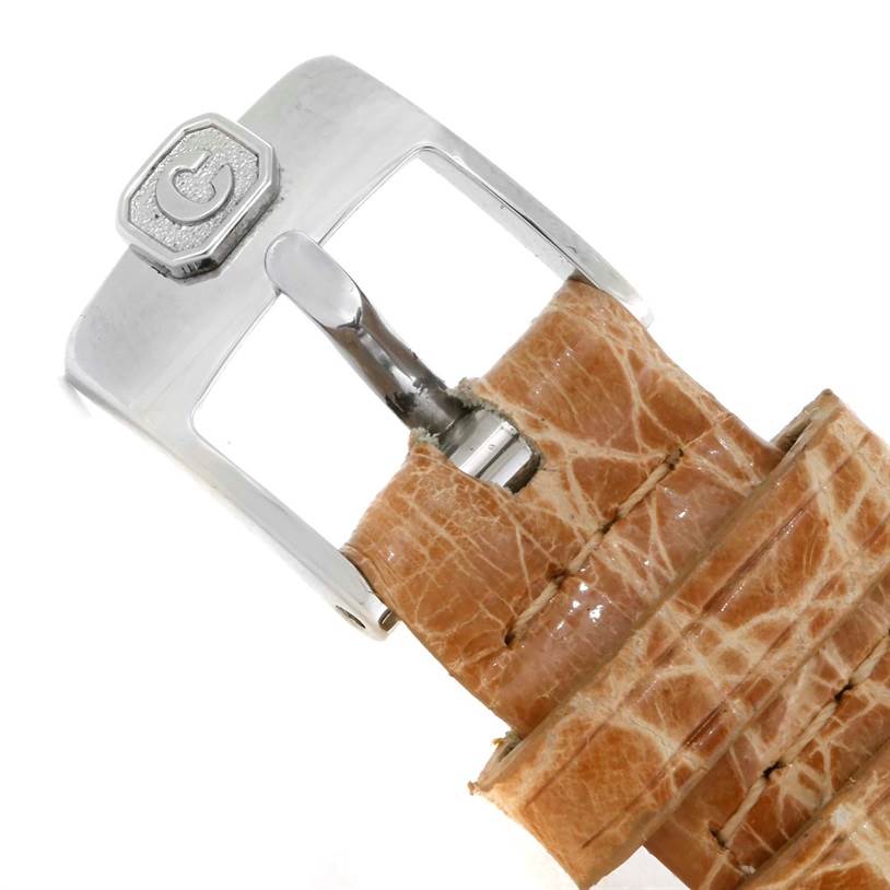 This image shows a close-up of the leather strap and buckle of the Chopard 27/8245-23 Women's Stainless Steel Mother of Pearl Dial 27/8245-23 Women's Stainless Steel Mother of Pearl Dial Happy Sport Green Mother Pearl Dial Diamond Watch 27/8245-23 model.