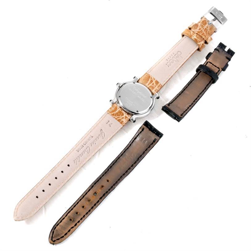 The image shows the back angle of a Chopard 27/8245-23 Women's Stainless Steel Mother of Pearl Dial 27/8245-23 Women's Stainless Steel Mother of Pearl Dial Happy Sport Green Mother Pearl Dial Diamond Watch 27/8245-23, along with two extra leather straps.