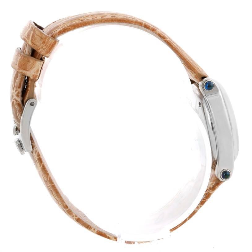 This side view of the Chopard 27/8245-23 Women's Stainless Steel Mother of Pearl Dial 27/8245-23 Women's Stainless Steel Mother of Pearl Dial Happy Sport Green Mother Pearl Dial Diamond Watch 27/8245-23 model shows the band and case profile.