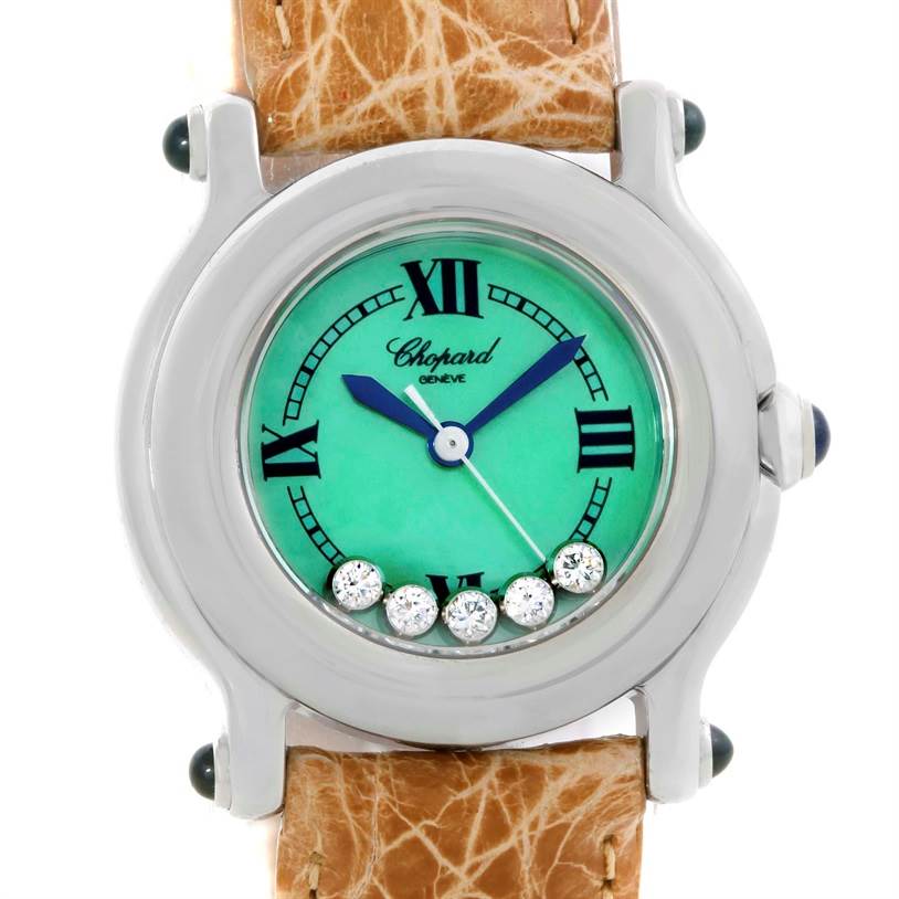 The image shows a front view of the Chopard 27/8245-23 Women's Stainless Steel Mother of Pearl Dial 27/8245-23 Women's Stainless Steel Mother of Pearl Dial Happy Sport Green Mother Pearl Dial Diamond Watch 27/8245-23 with a leather strap.