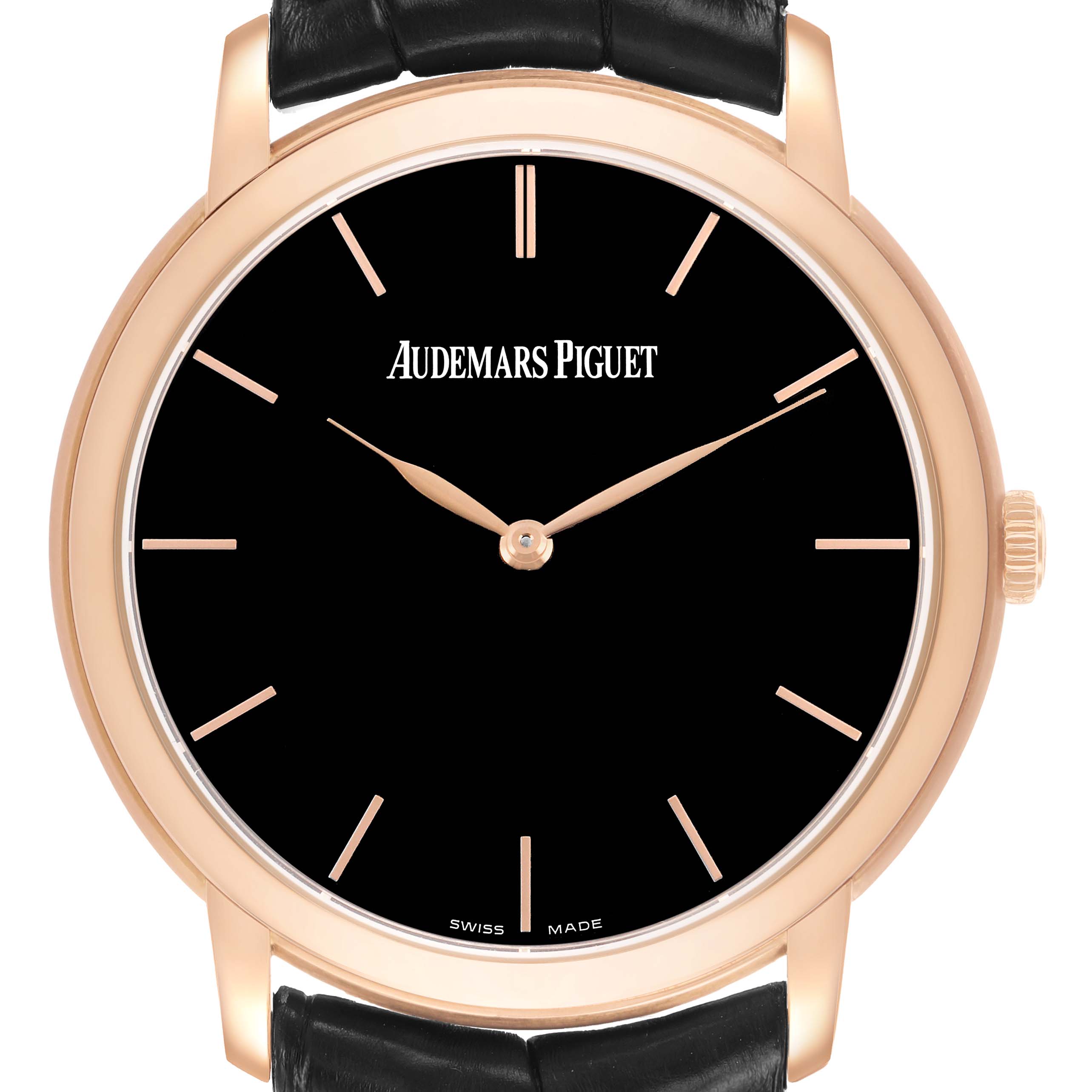 The Jules model by Audemars Piguet is shown from a direct front angle, highlighting the black dial and rose gold case with a leather strap.