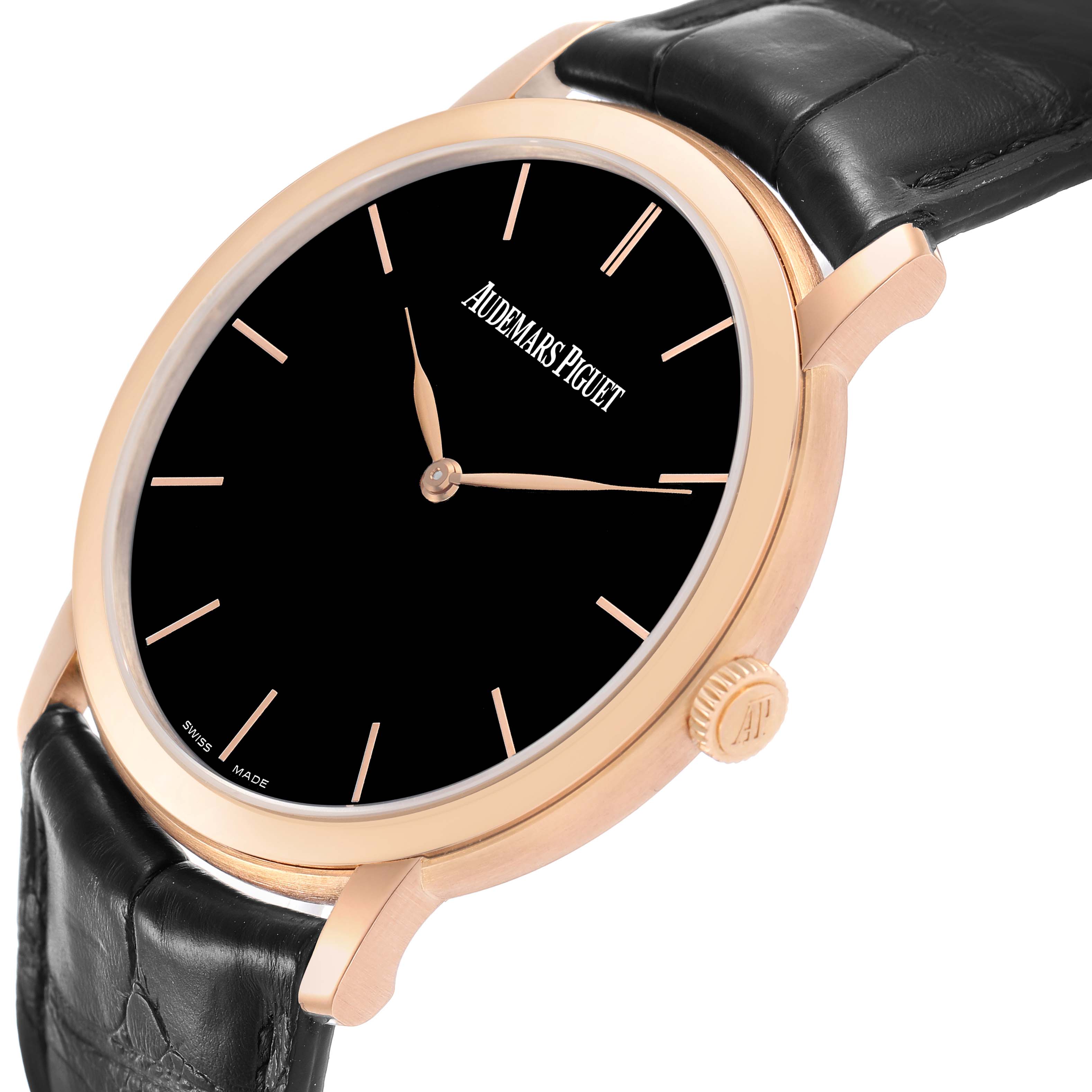 The Audemars Piguet Jules 15180R Men's Rose Gold Black Dial model is shown at a slight side angle, displaying the face, crown, and strap attachment.