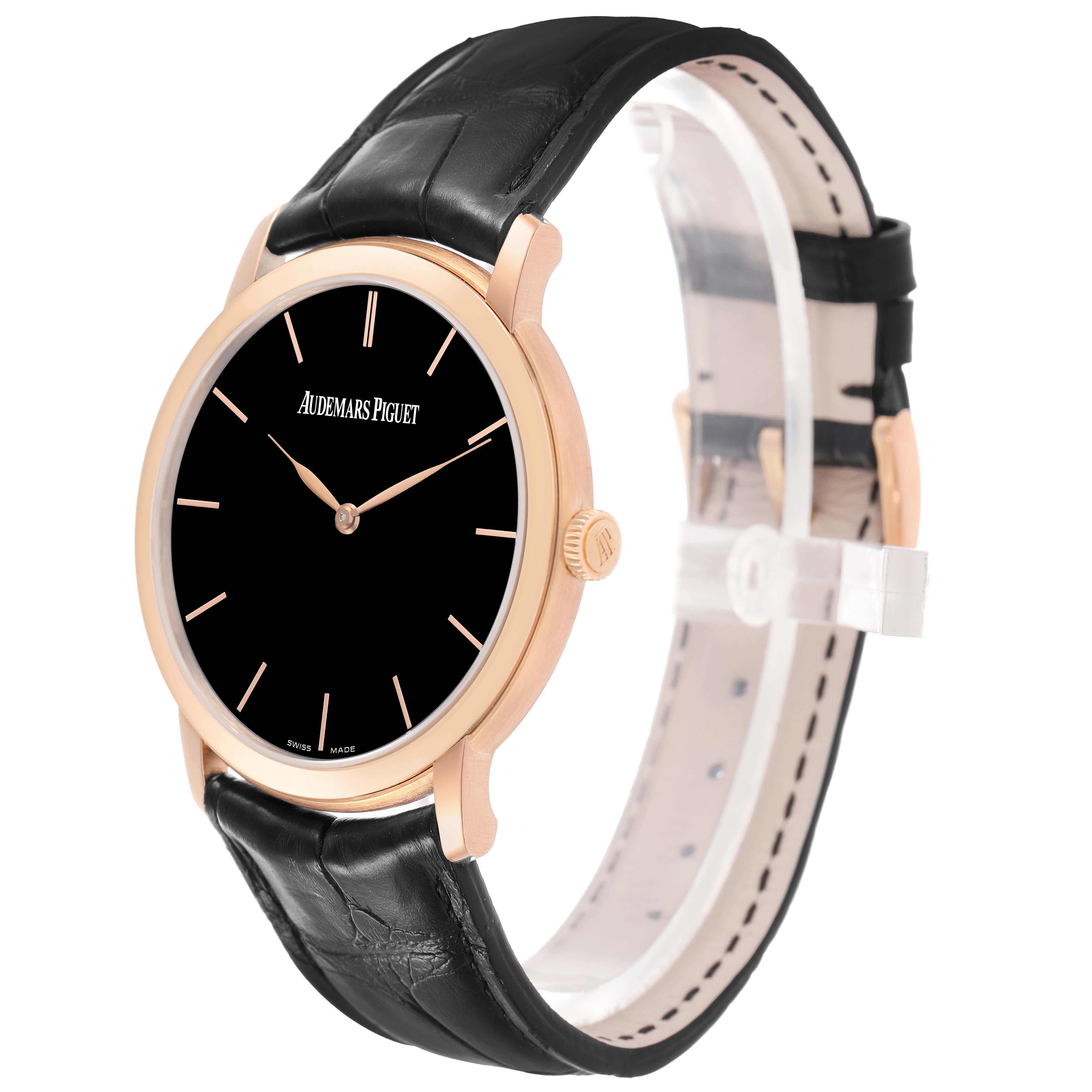 The Audemars Piguet Jules 15180R Men's Rose Gold Black Dial watch is shown at a slight angle, displaying the dial, crown, case, and leather strap.