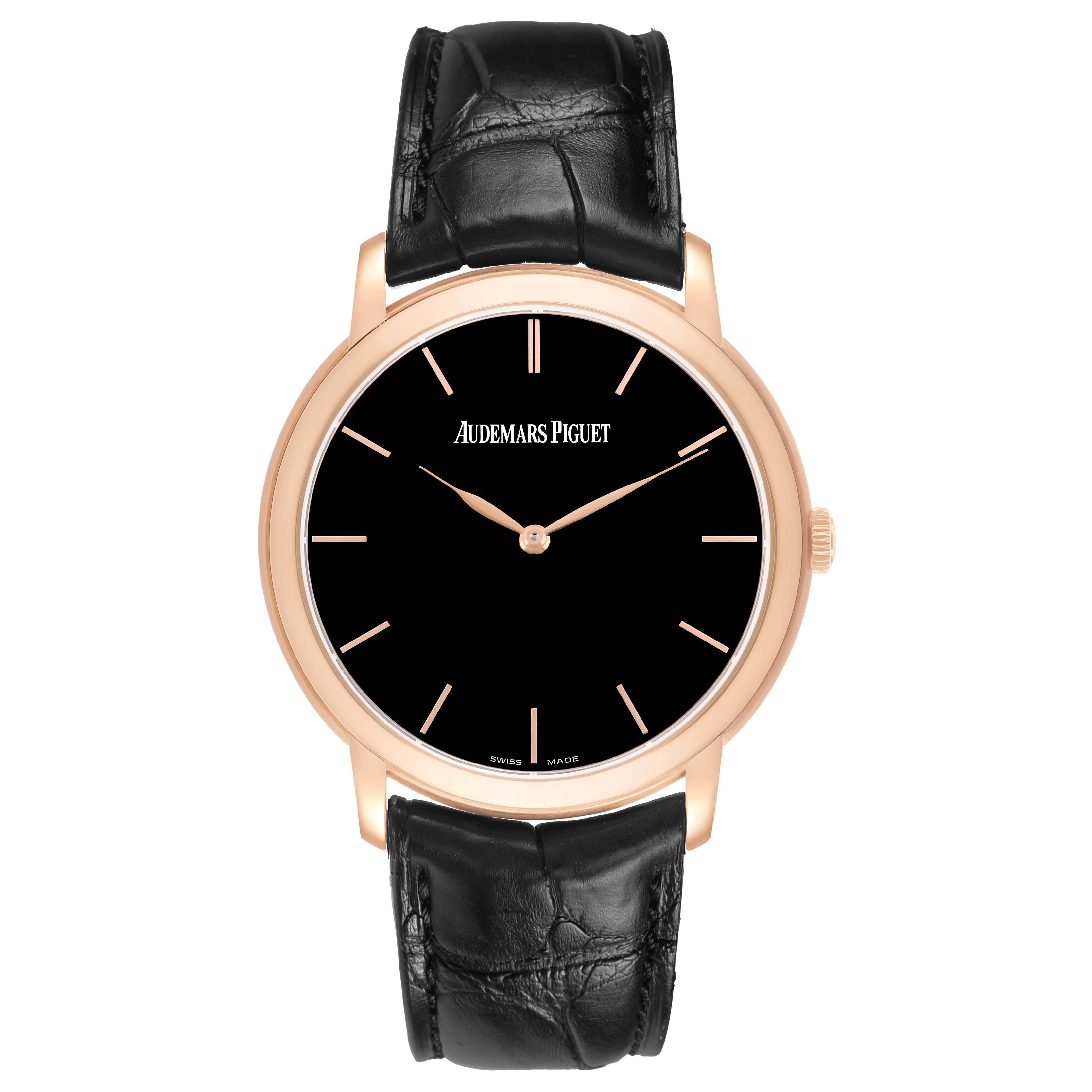 The image shows a front view of the Audemars Piguet Jules 15180R Men's Rose Gold Black Dial model, highlighting its black dial, gold case, and black leather strap.