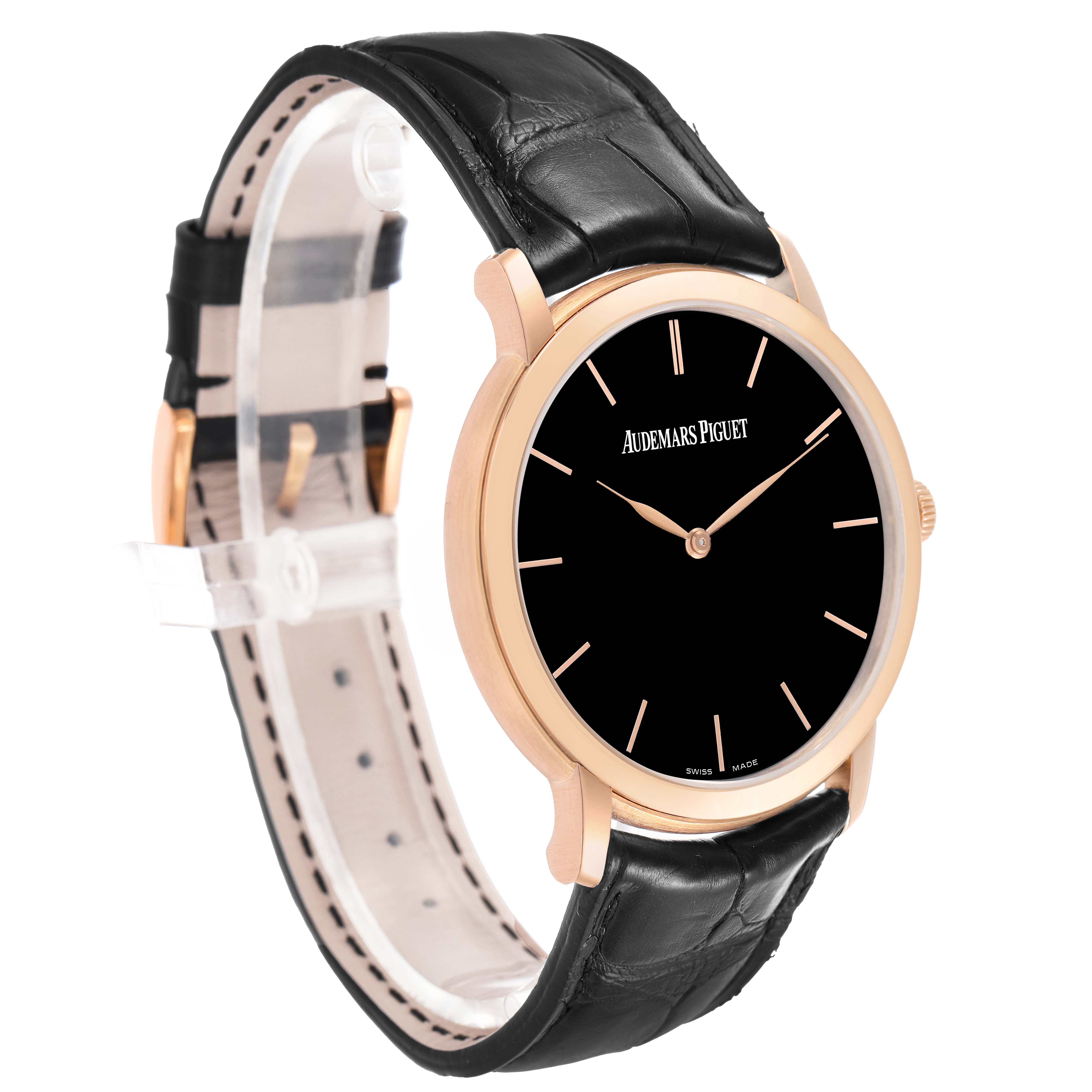 The image shows a side angle of the Jules model by Audemars Piguet, featuring the watch face, bezel, and leather strap.