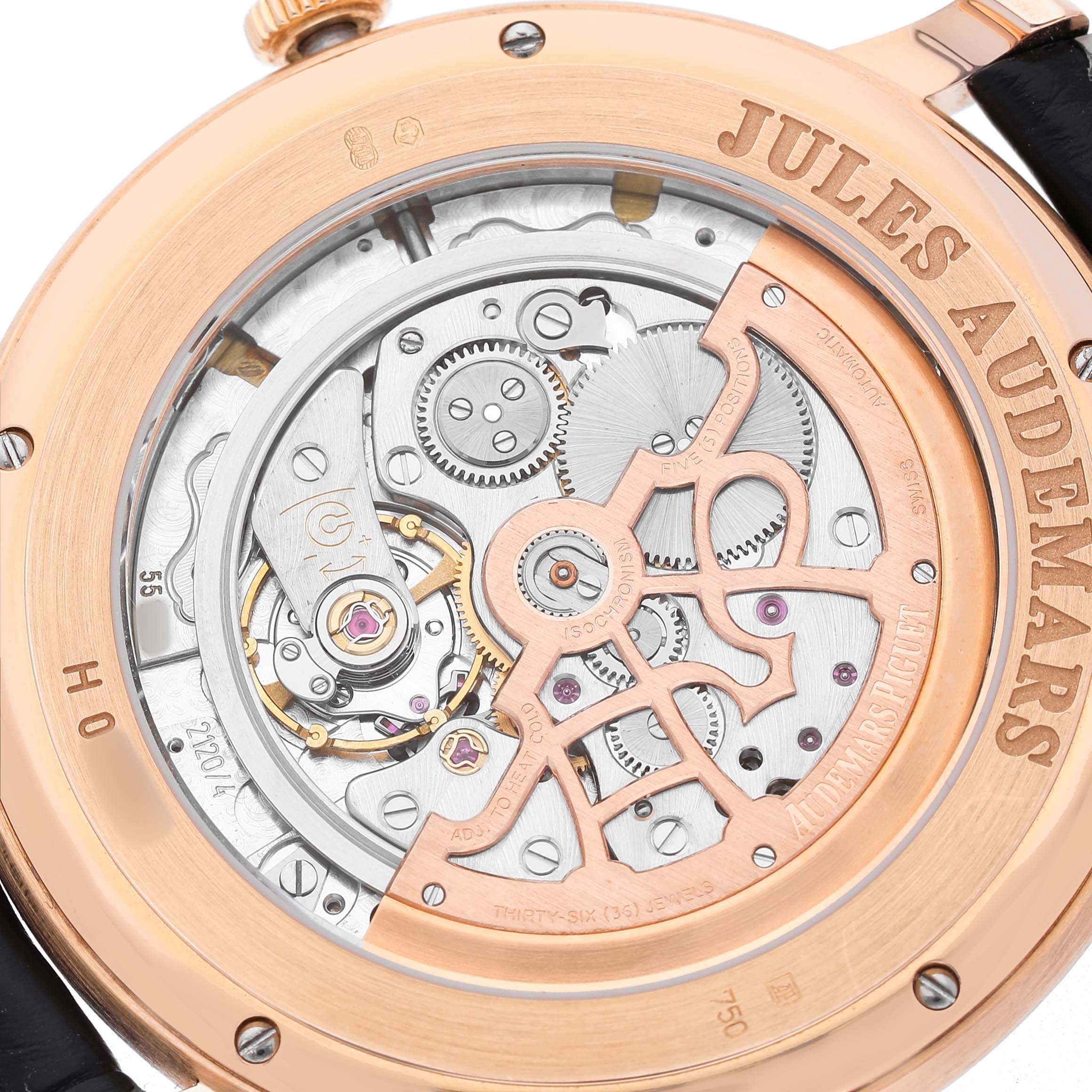 The image shows the back view of the Audemars Piguet Jules 15180R Men's Rose Gold Black Dial watch, highlighting its intricate movement and rotor details.