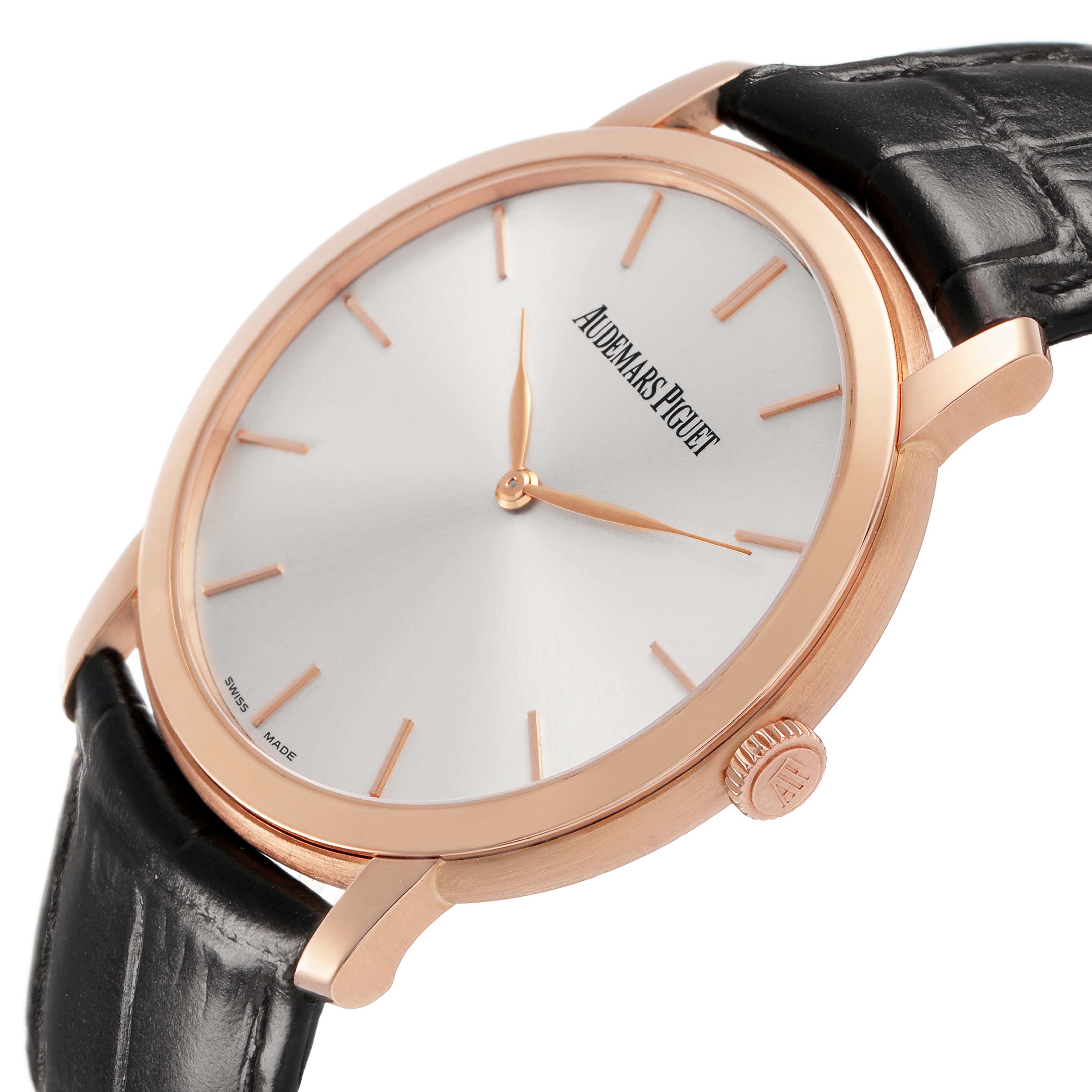 The Audemars Piguet Jules 15180R Men's Rose Gold Silver Dial watch is shown at an angled side view, highlighting the dial, crown, and leather strap.