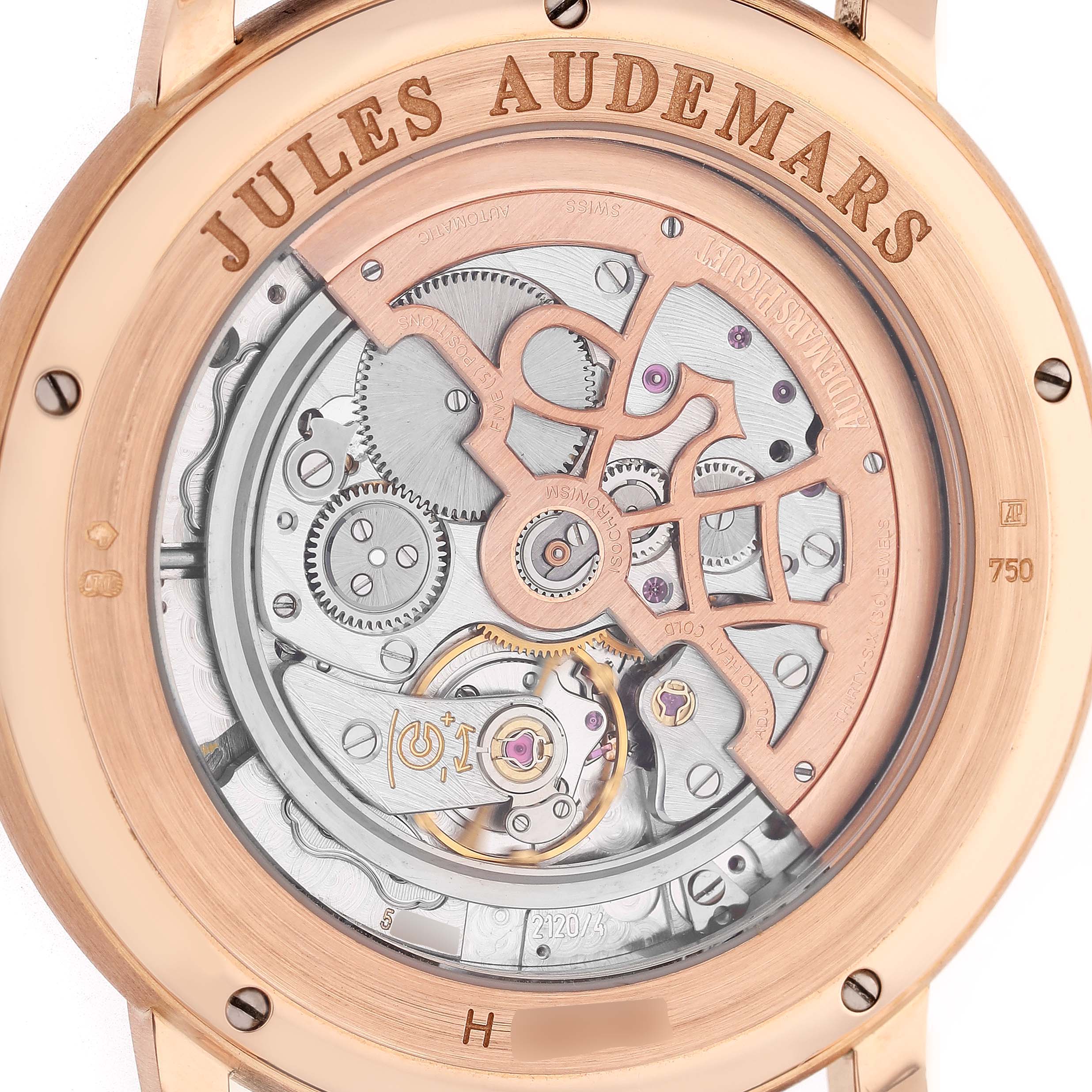 The image shows the rear view of the Jules model by Audemars Piguet, highlighting its intricate mechanical movement.