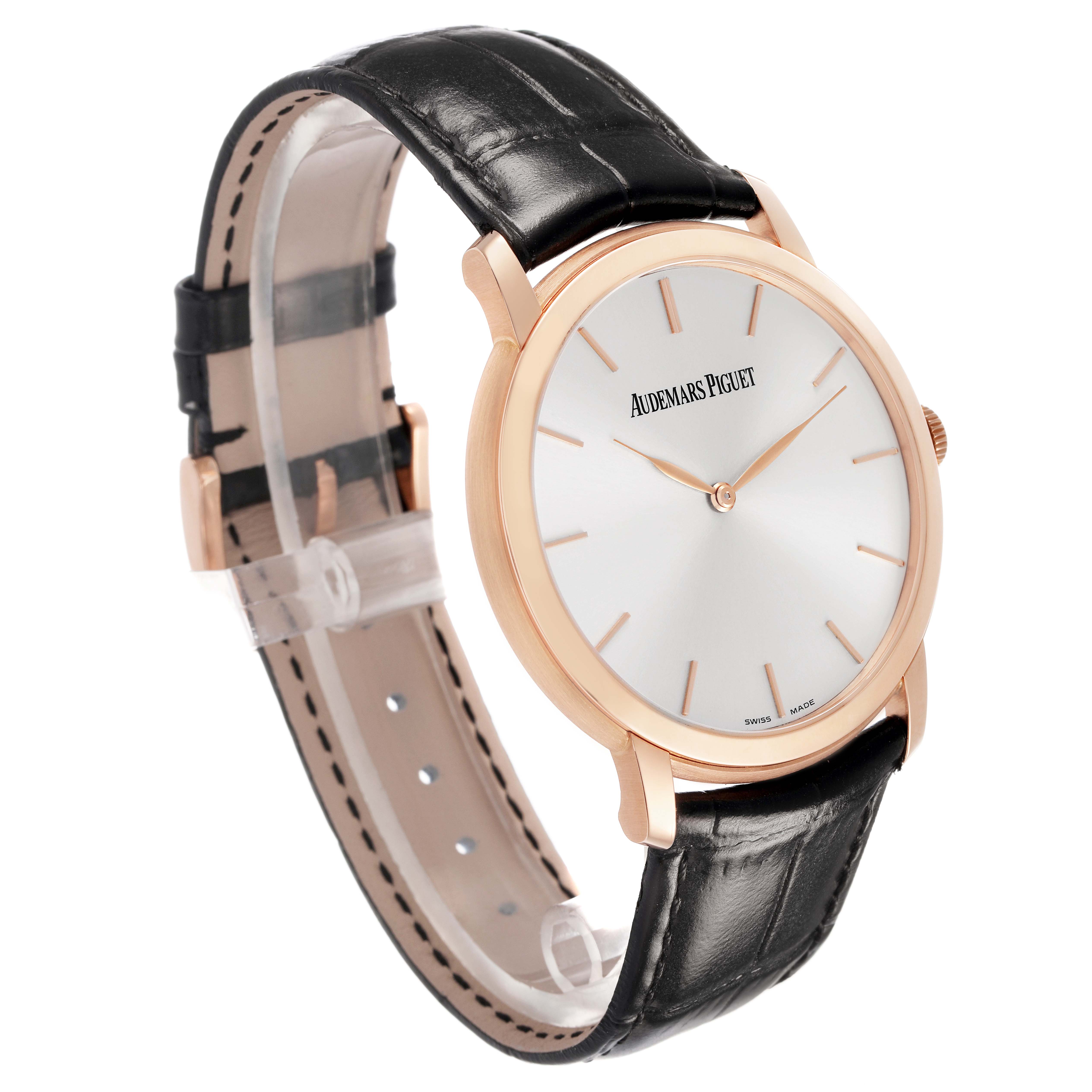 The Audemars Piguet Jules 15180R Men's Rose Gold Silver Dial watch is shown at a three-quarter angle, highlighting the face, bezel, and leather strap.