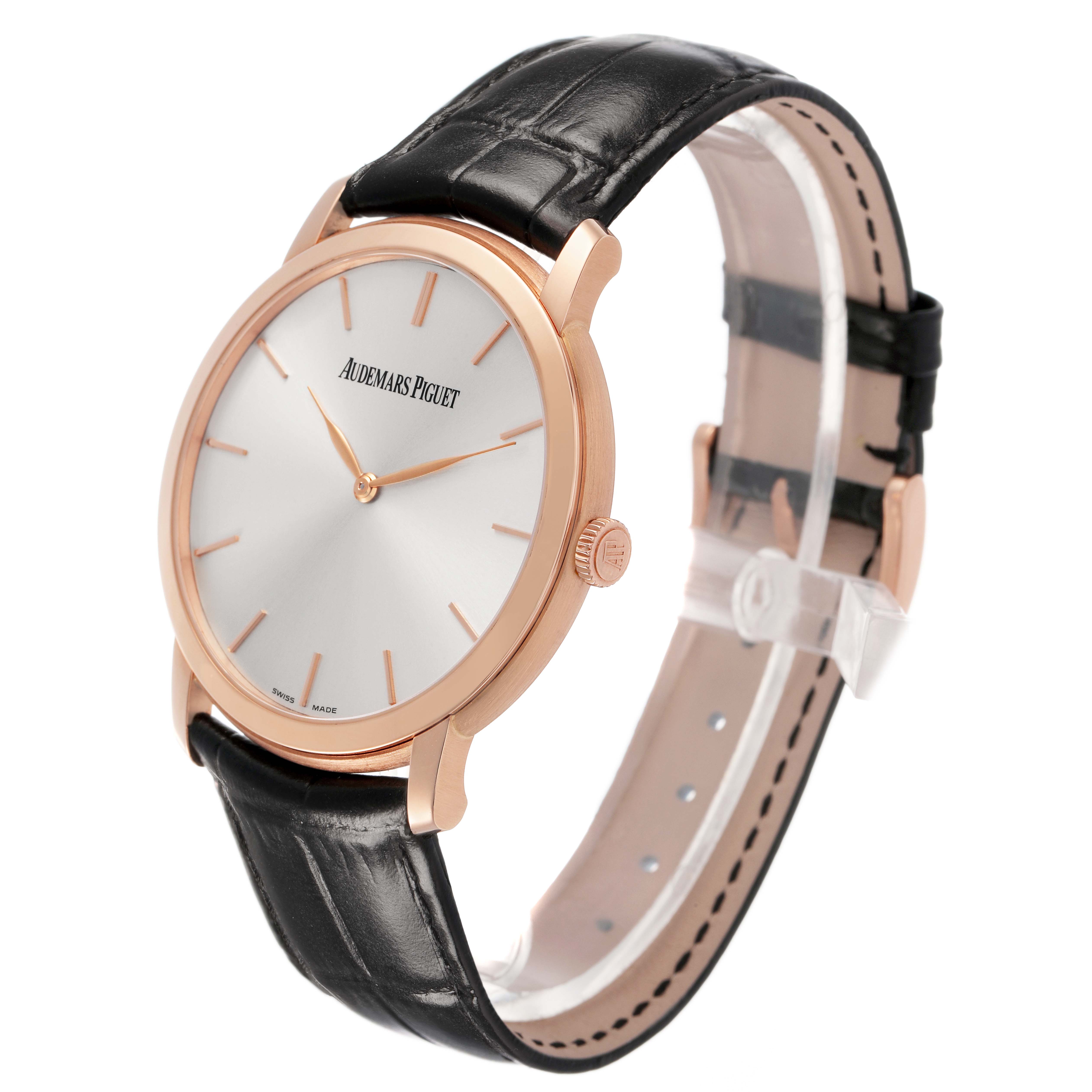 The Audemars Piguet Jules 15180R Men's Rose Gold Silver Dial watch is shown at a slight angle, highlighting its round face, rose gold case, crown, and black leather strap.