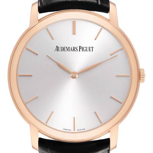 The Audemars Piguet Jules 15180R Men's Rose Gold Silver Dial watch is shown from the front, highlighting its silver dial, rose gold case, and black leather strap.
