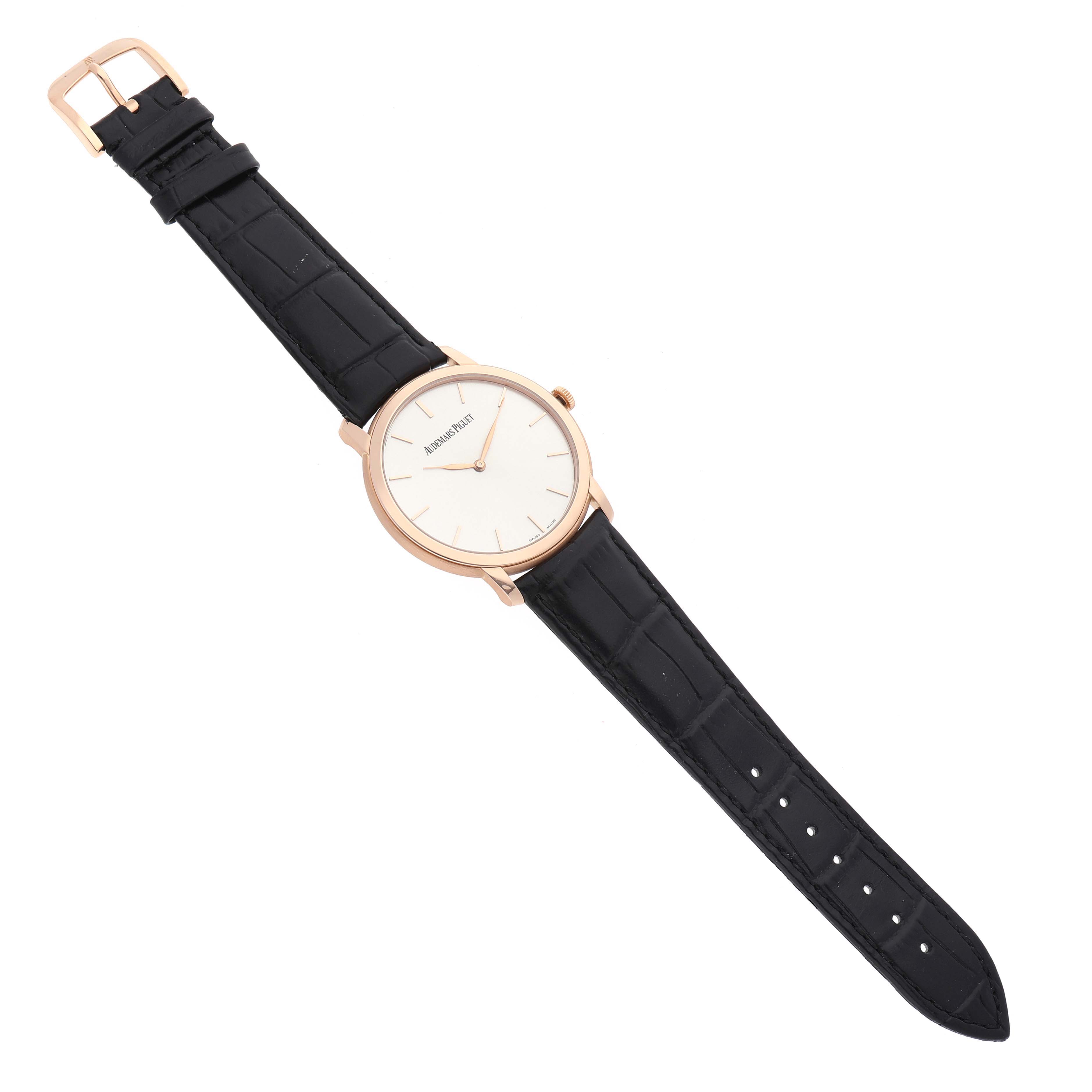 The Audemars Piguet Jules 15180R Men's Rose Gold Silver Dial watch is shown from a top-down angle, displaying the face, case, and full leather strap.