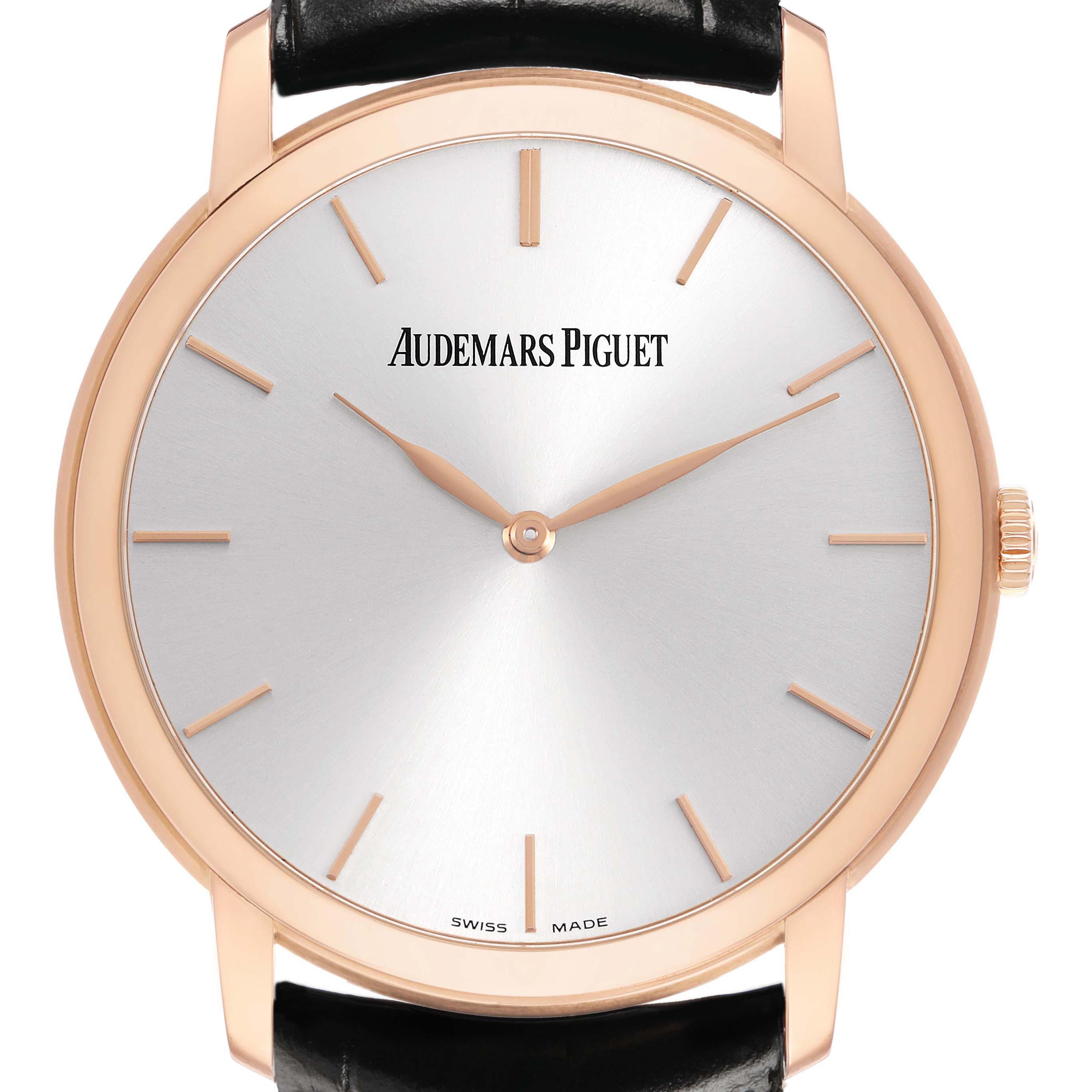 The Audemars Piguet Jules 15180R Men's Rose Gold Silver Dial model is shown from the front, highlighting its dial, case, and leather strap.